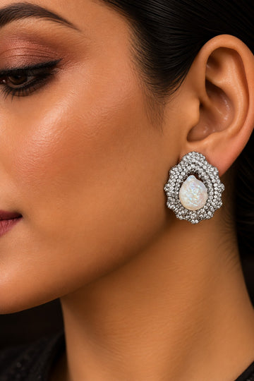 Silver & White Pearl Stud Earrings