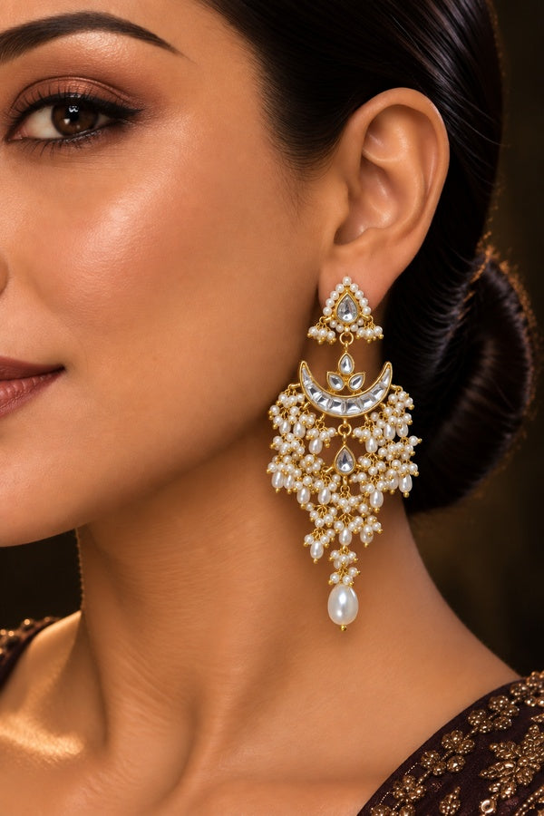 Gold and White Chand Biya Pearl Drop Kundan Dangler Earrings