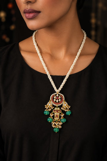 Pink Crescent Red Kundan Fish Green Drops Necklace