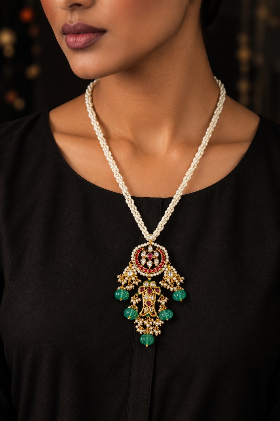 Pink Crescent Red Kundan Fish Green Drops Necklace