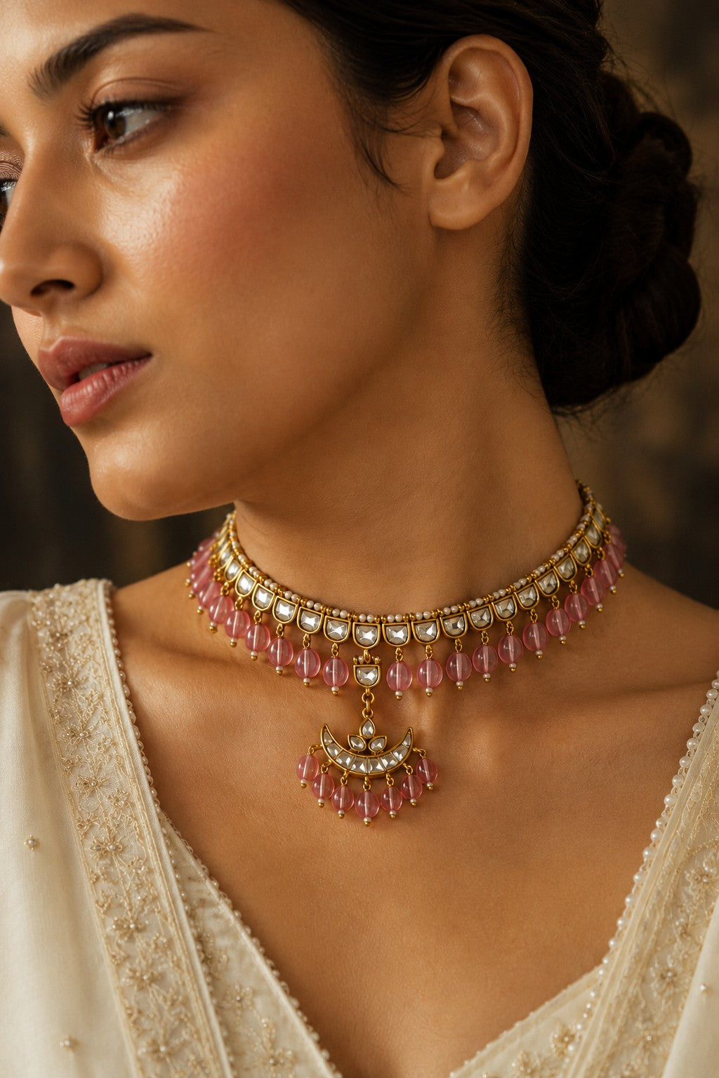 Gold & White Kundan Chand Tourmaline Stones Necklace