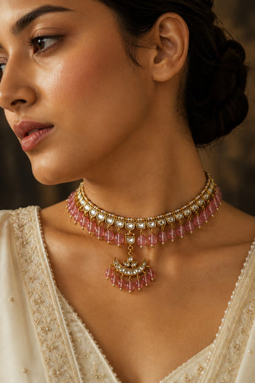 Gold & White Kundan Chand Tourmaline Stones Necklace