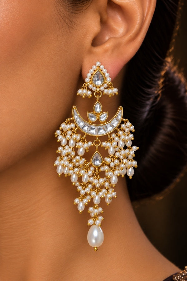 Gold and White Chand Biya Pearl Drop Kundan Dangler Earrings