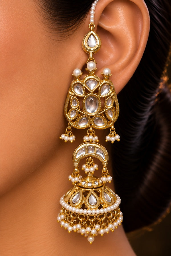 White Pearls & Kundan Jhumki Earrings