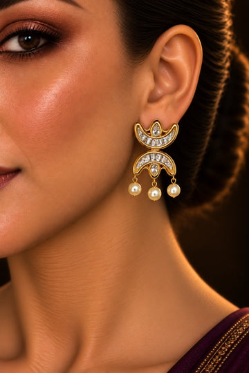 Gold & White Kundan Chand Dangler Earrings