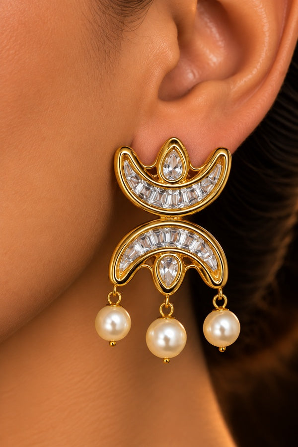 Gold & White Kundan Chand Dangler Earrings