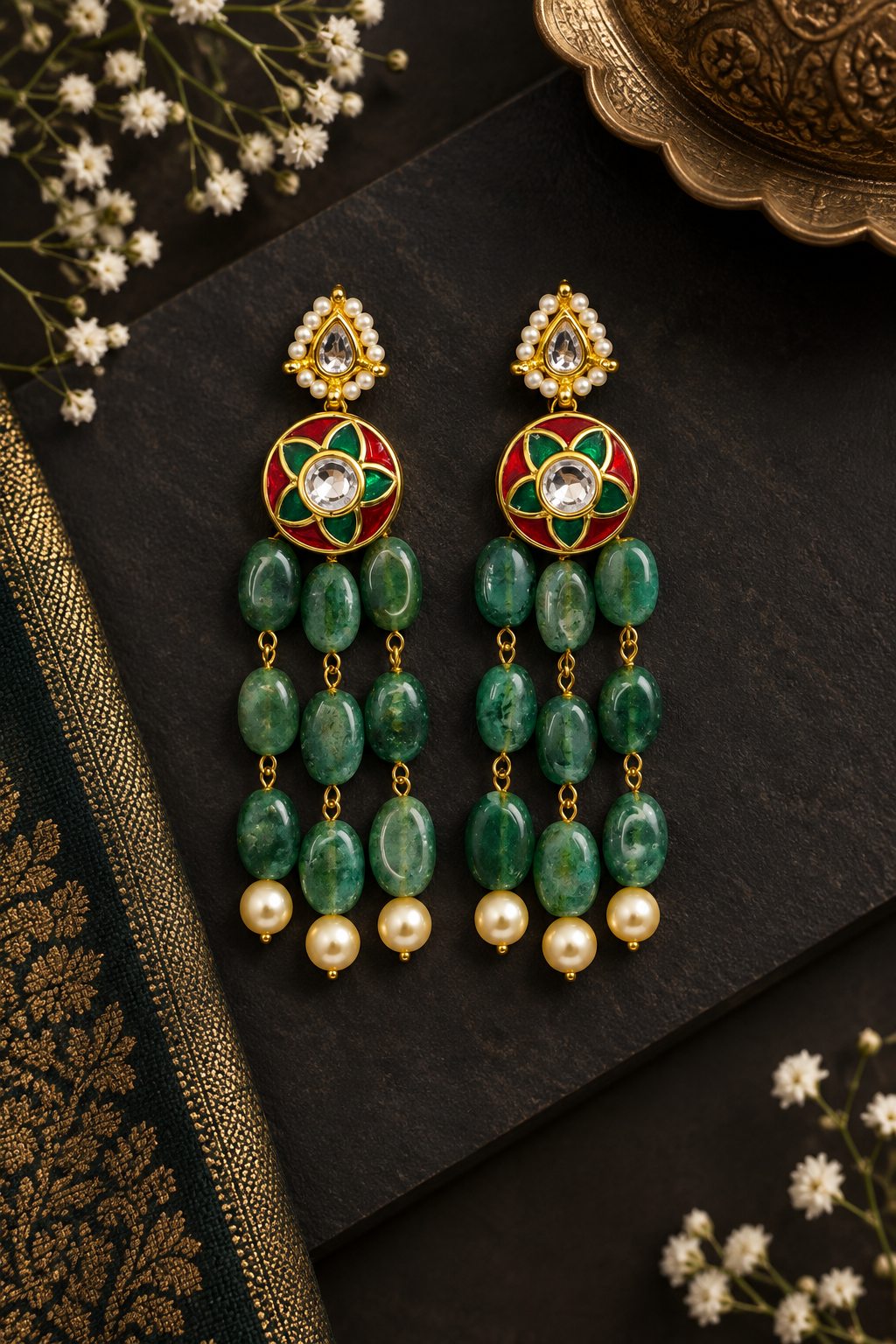 Red & Green Floret Emeralds Earrings