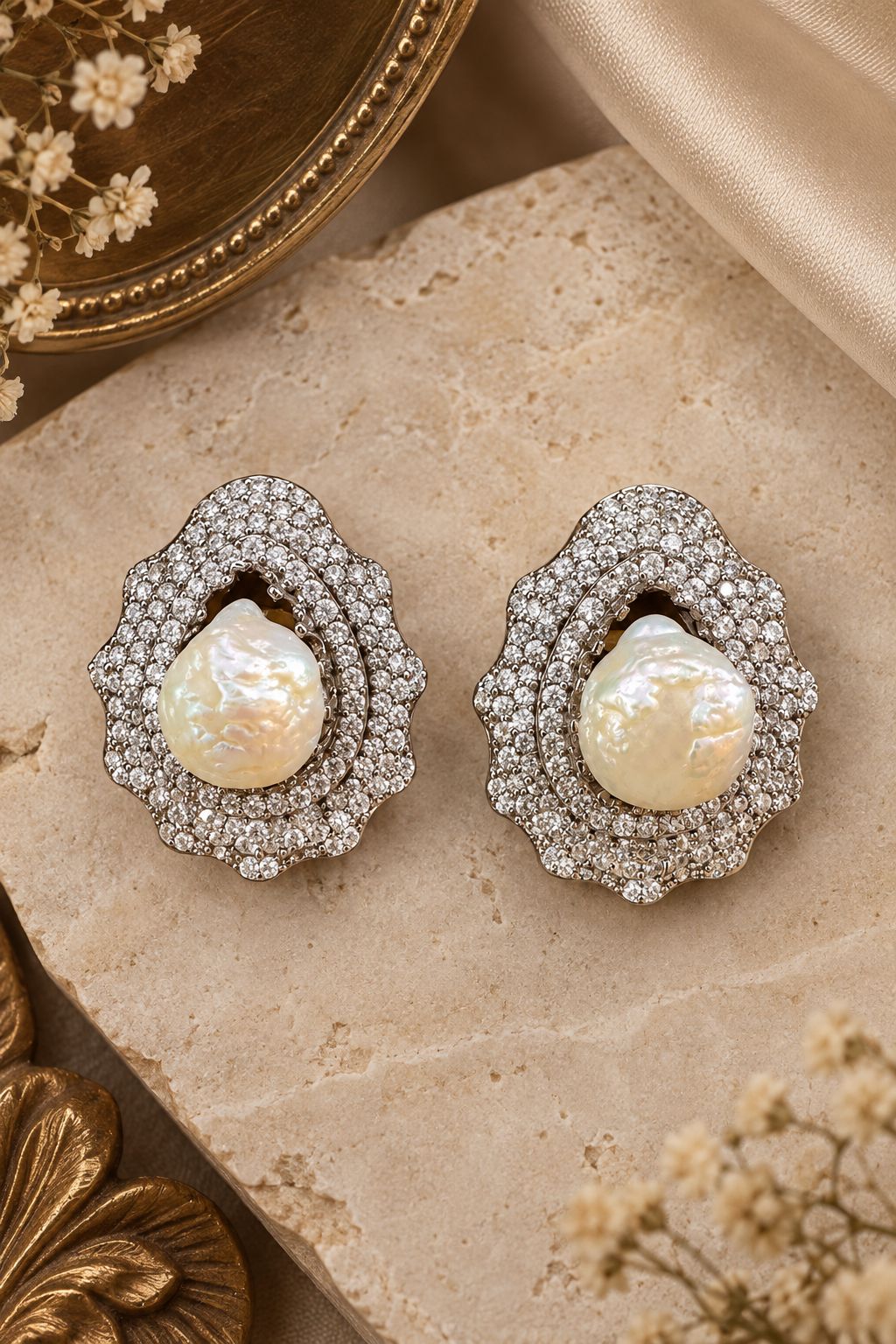 Silver & White Pearl Stud Earrings