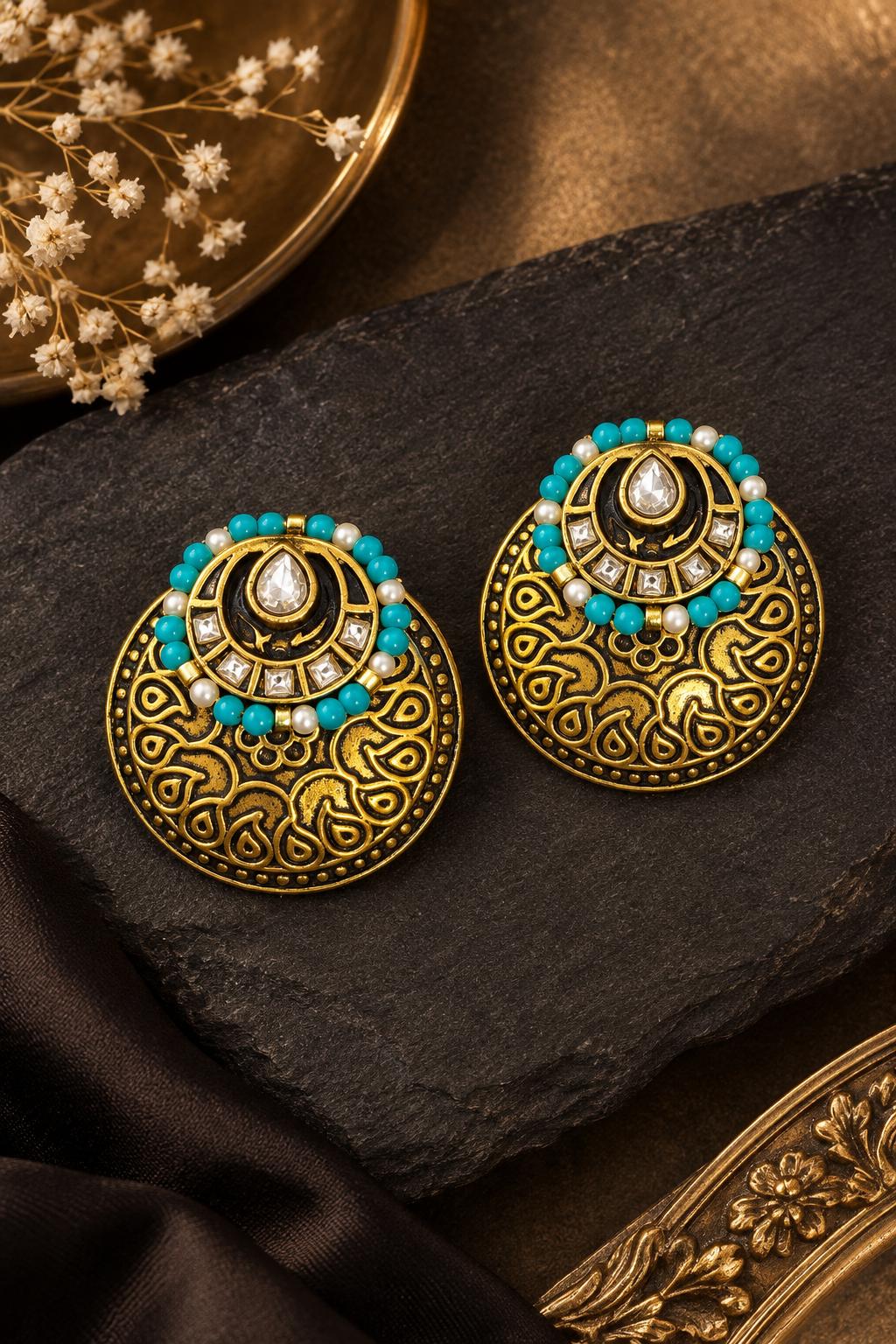 Dual Tone Antique Turquoise & White Pearl Earrings