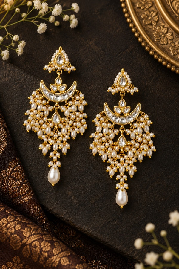 Gold and White Chand Biya Pearl Drop Kundan Dangler Earrings