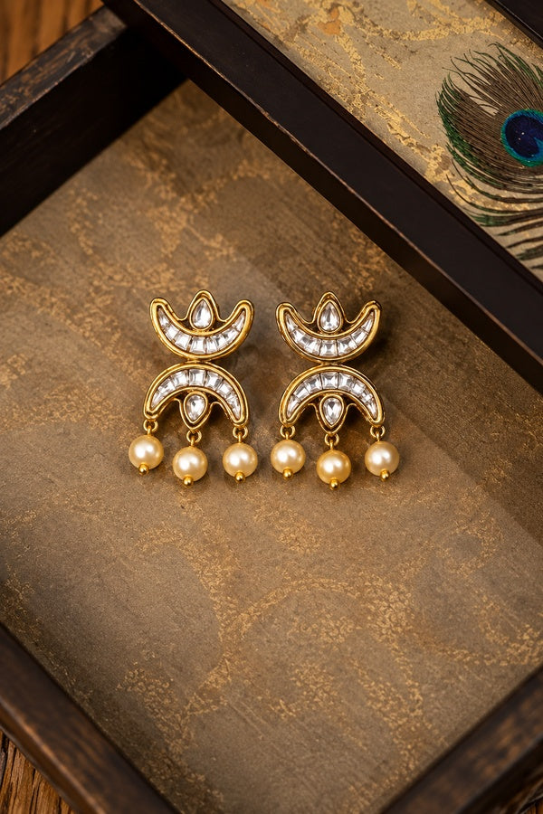 Gold & White Kundan Chand Dangler Earrings