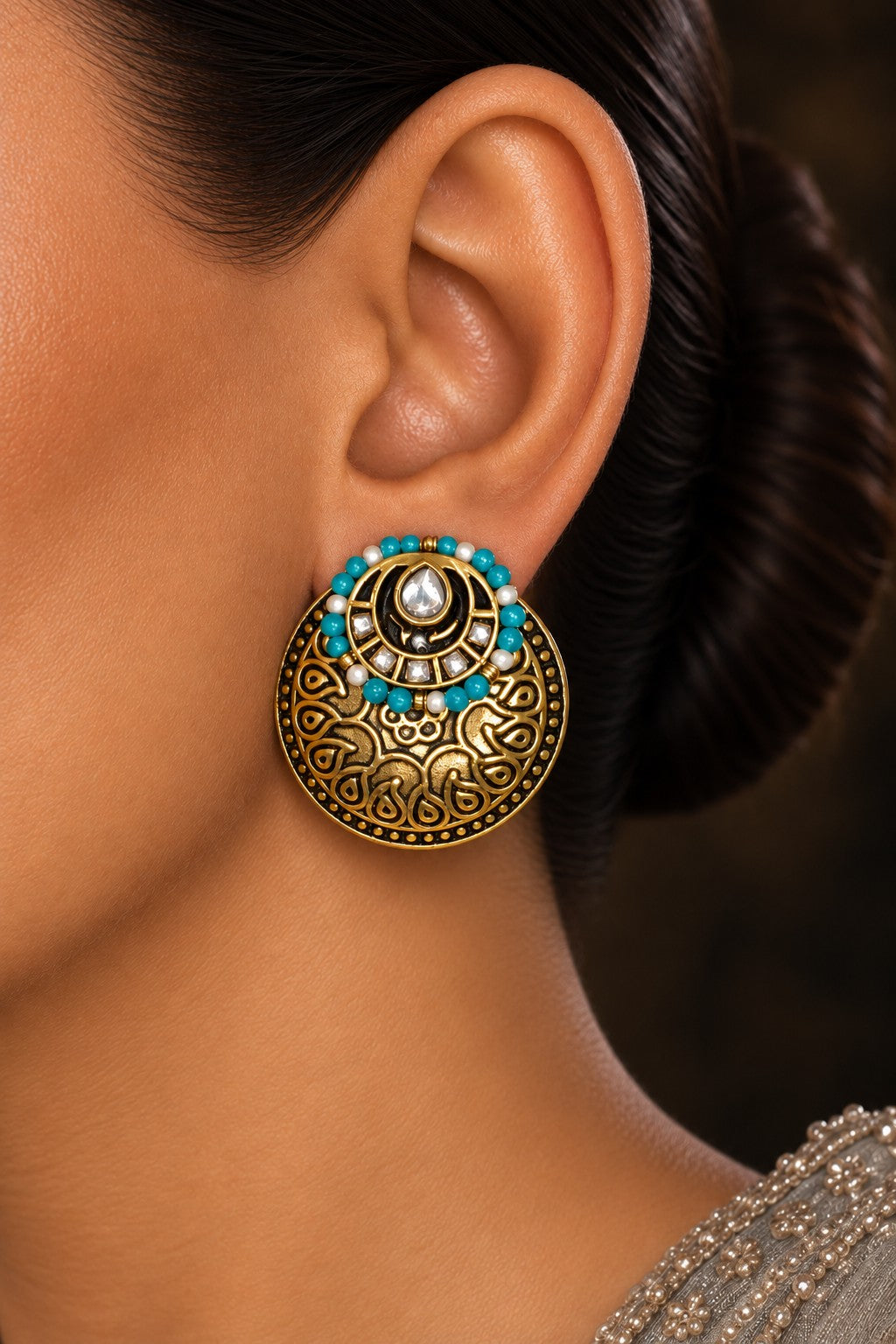 Dual Tone Antique Turquoise & White Pearl Earrings
