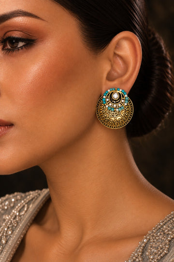Dual Tone Antique Turquoise & White Pearl Earrings