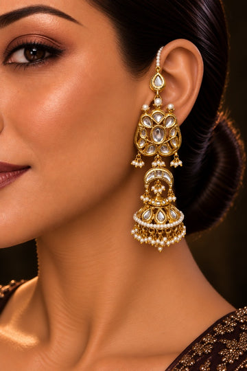 White Pearls & Kundan Jhumki Earrings