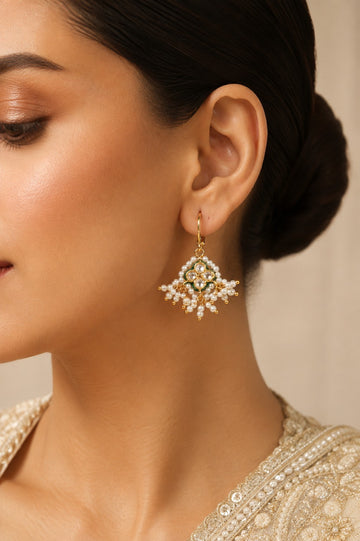 Gold & Green Meenakari Pearls Kundan Earrings