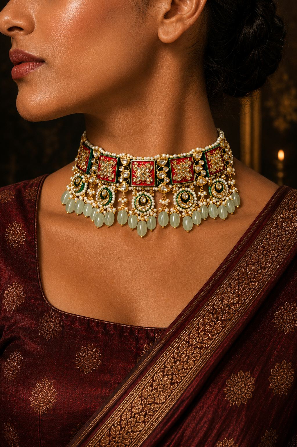 Lotus Tile Red Meenakari Kundan Choker