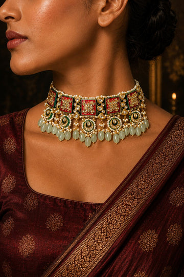 Lotus Tile Red Meenakari Kundan Choker