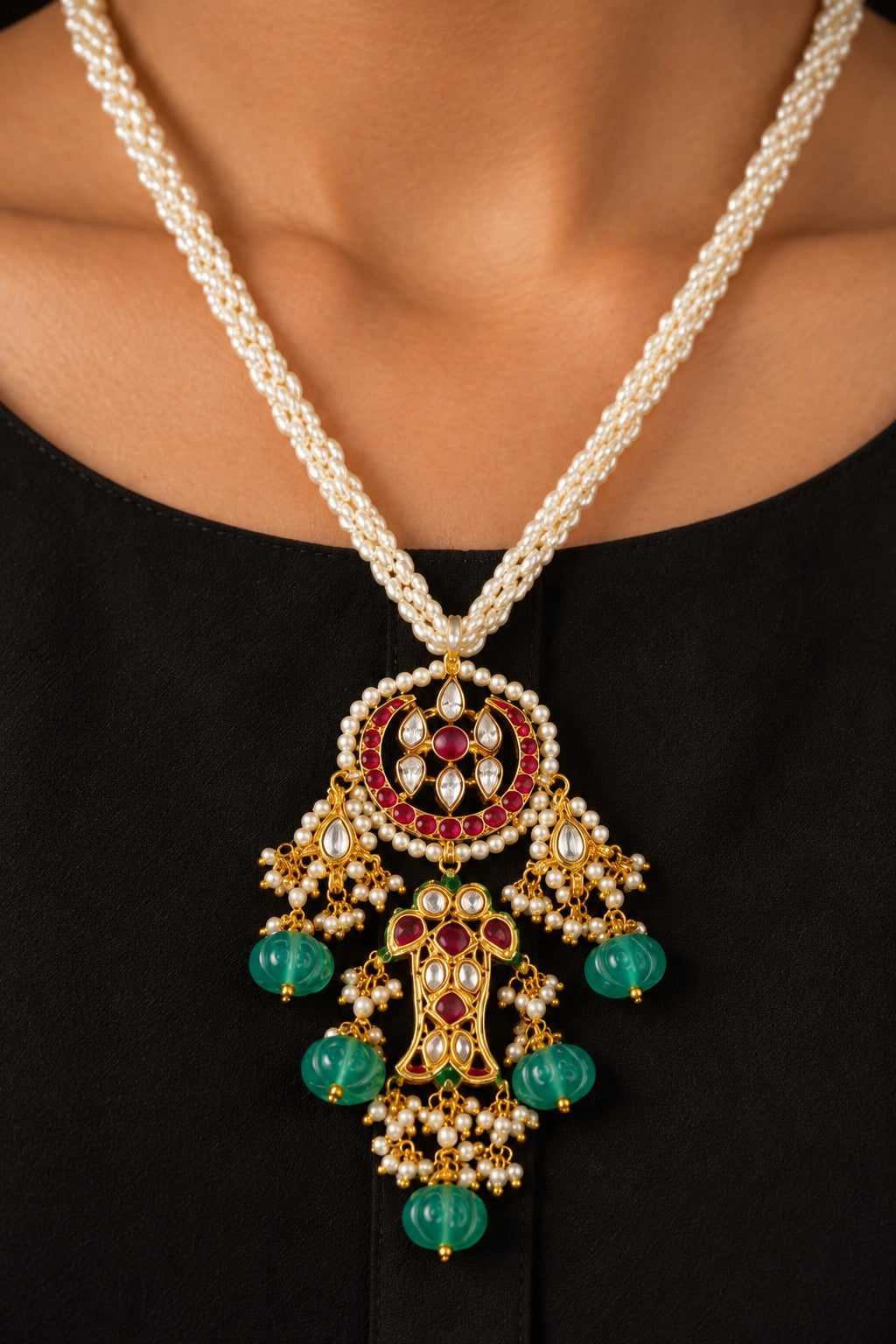 Pink Crescent Red Kundan Fish Green Drops Necklace