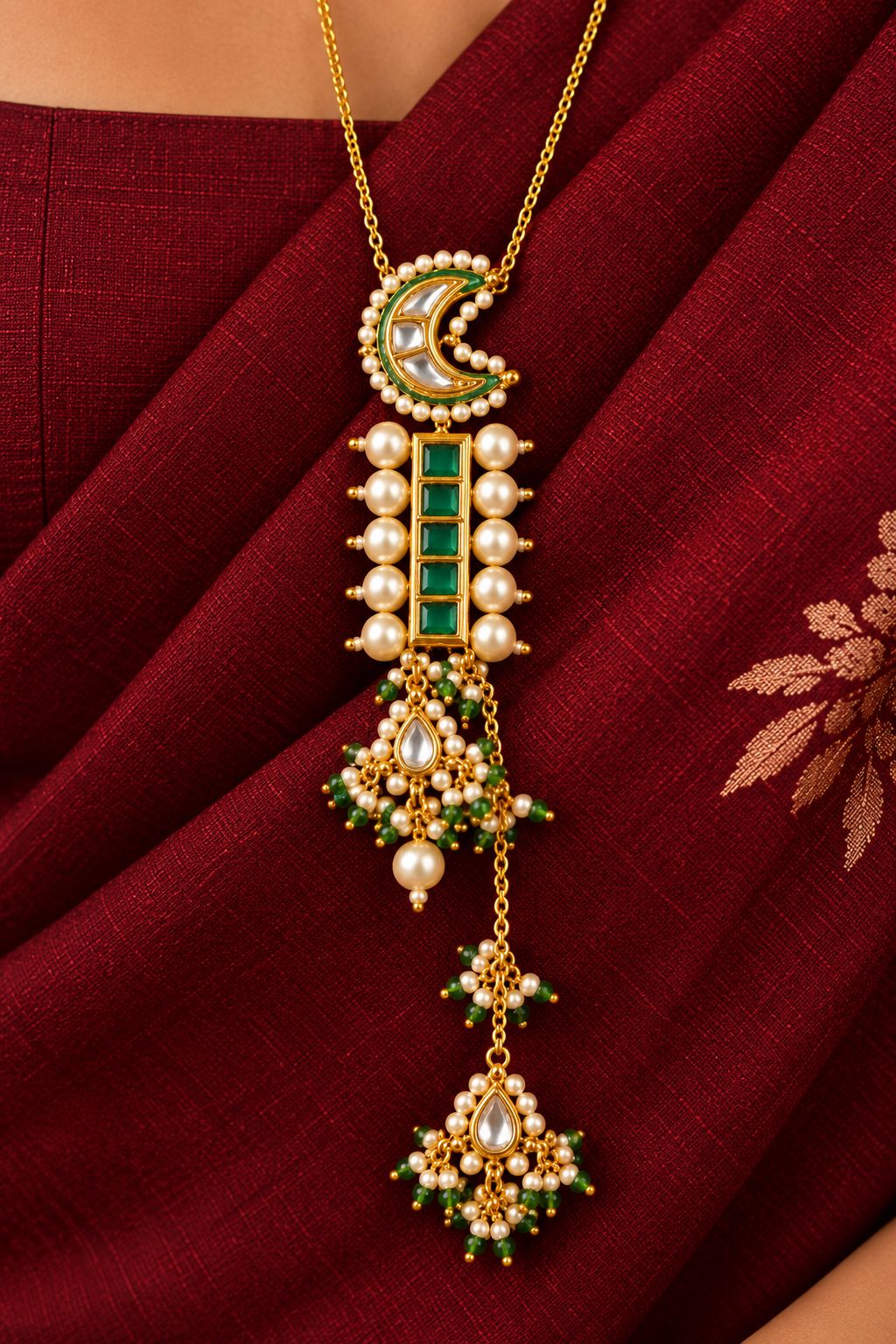 Green Kundan Biya Drop Necklace