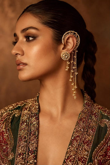Kundan Pearl Cascade Ear Cuff with Stud Dangler Earrings