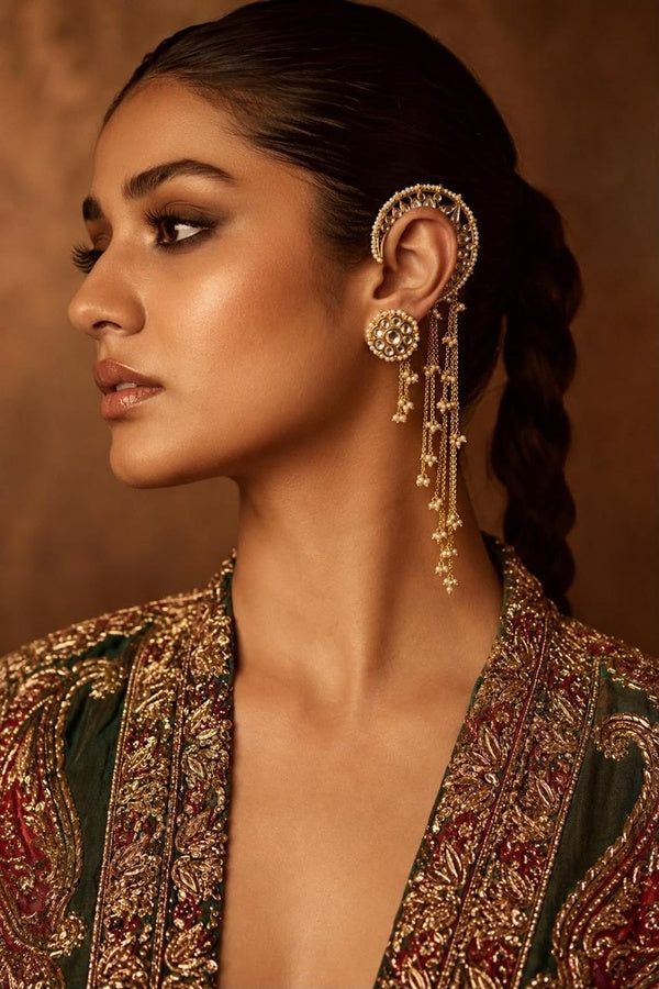 Kundan Pearl Cascade Ear Cuff with Stud Dangler Earrings