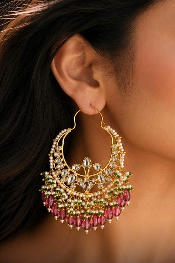 Gold Finish Tourmaline Drop Kundan Baali Earrings