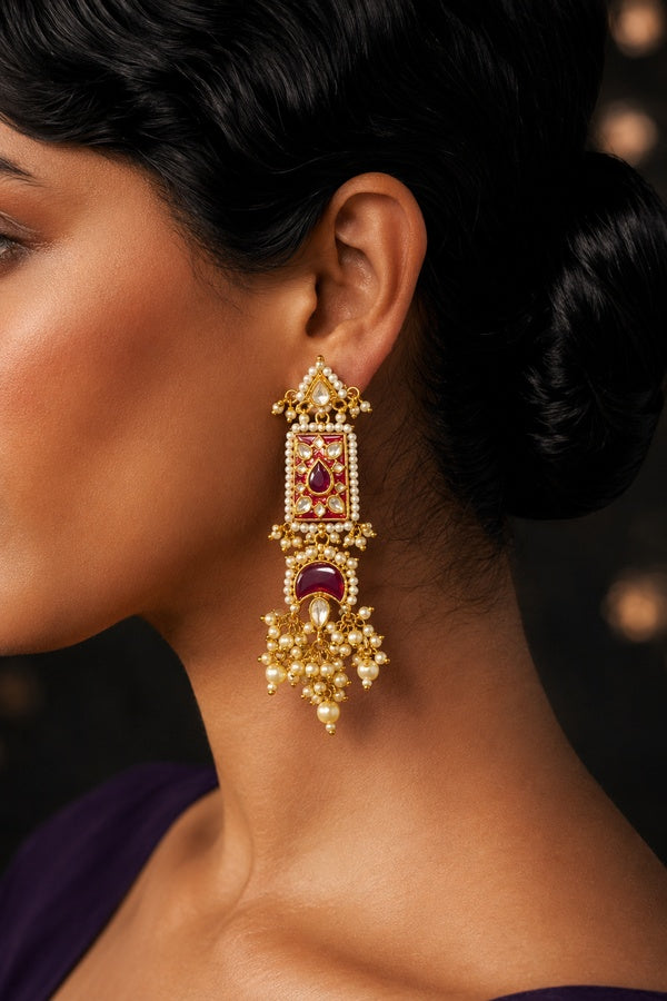 Red Meena Kundan Dangler Earrings