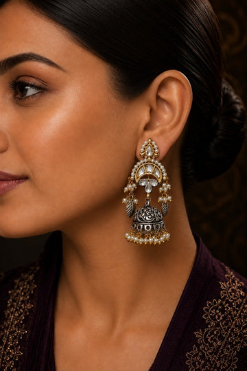 Gold and Silver Leaf Jhumki Earrings