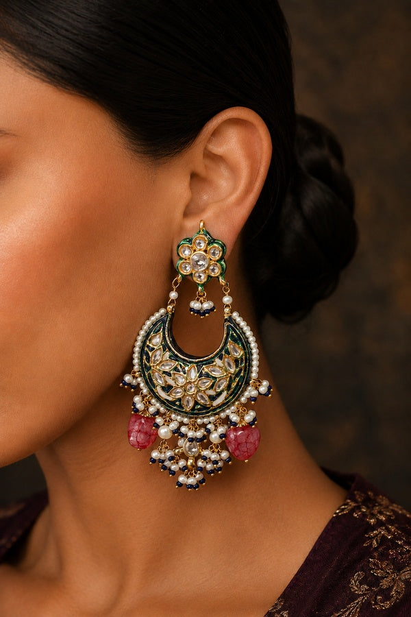 Blue Meenakari with Pearls Chandbali Earrings
