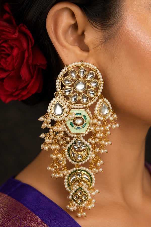 Pastel Green with Pearls Kundan Earrings