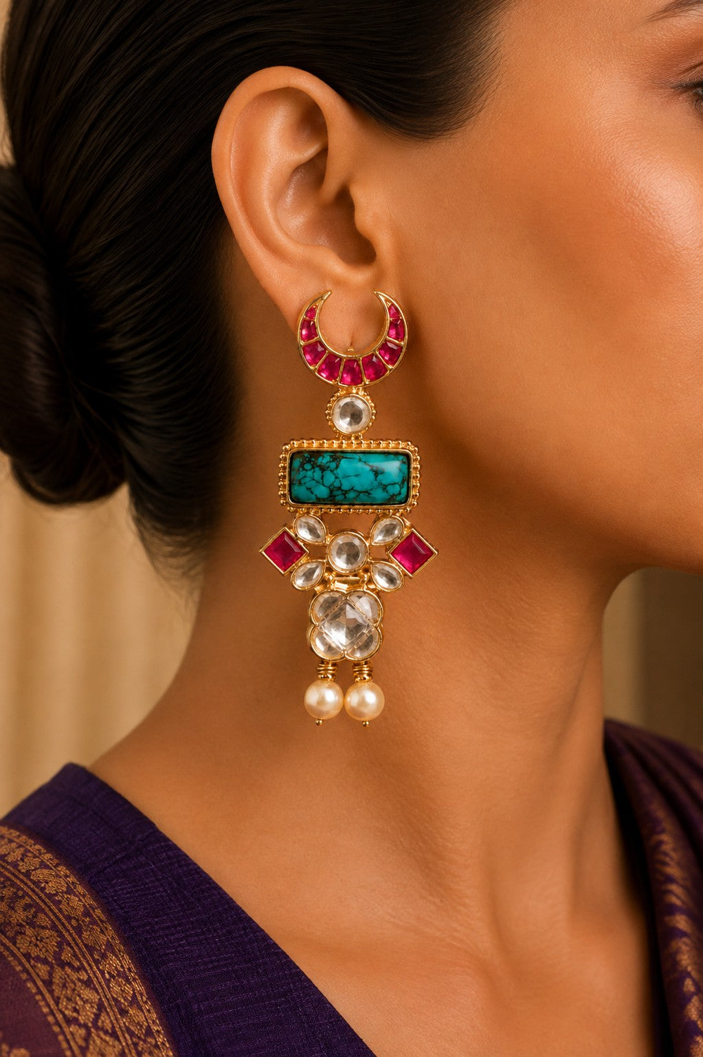 Pink Crescent Turquoise Center Pearl Drops Earrings