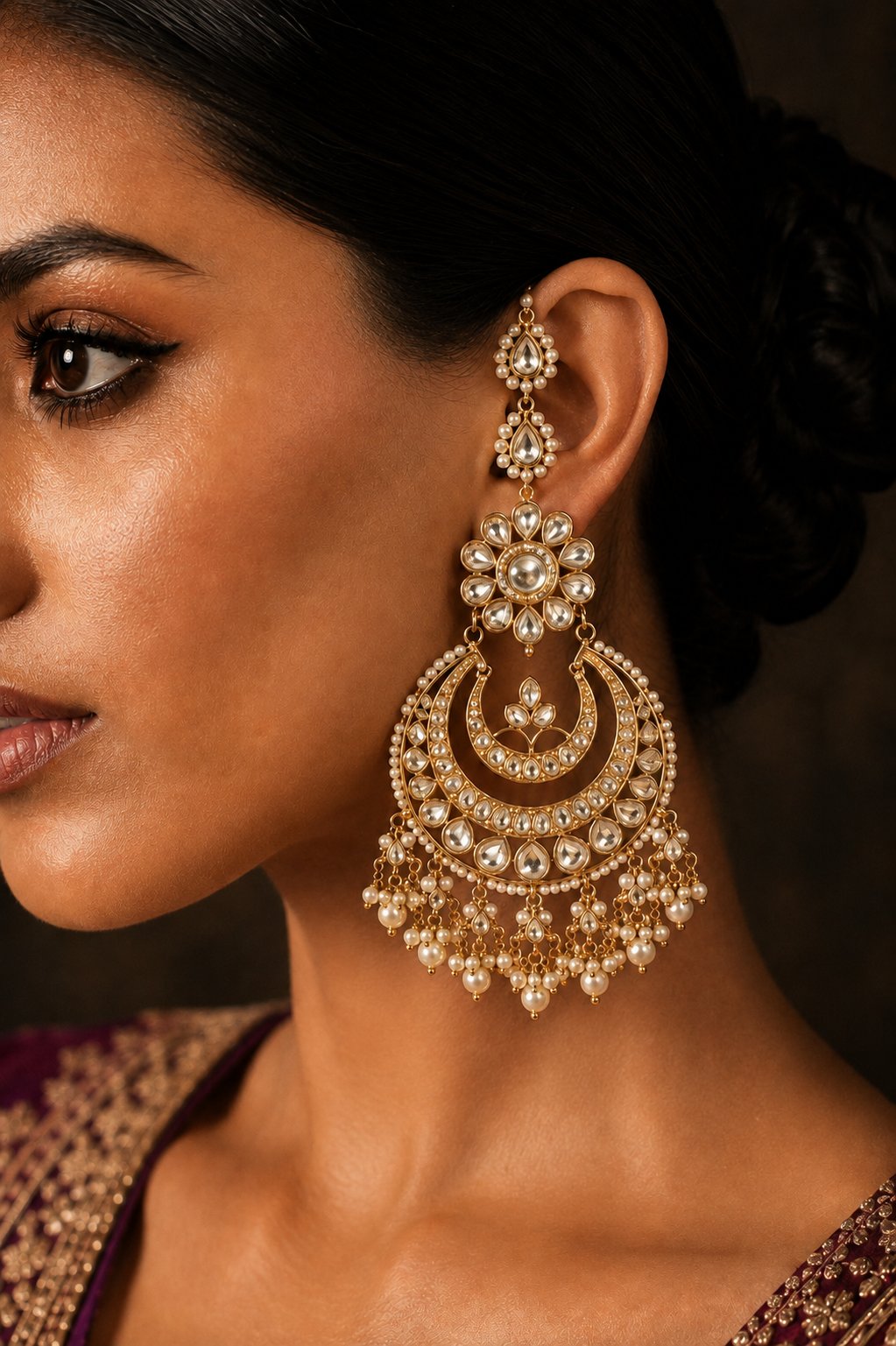Statement Kundan Gold & White Pearls Chandbali