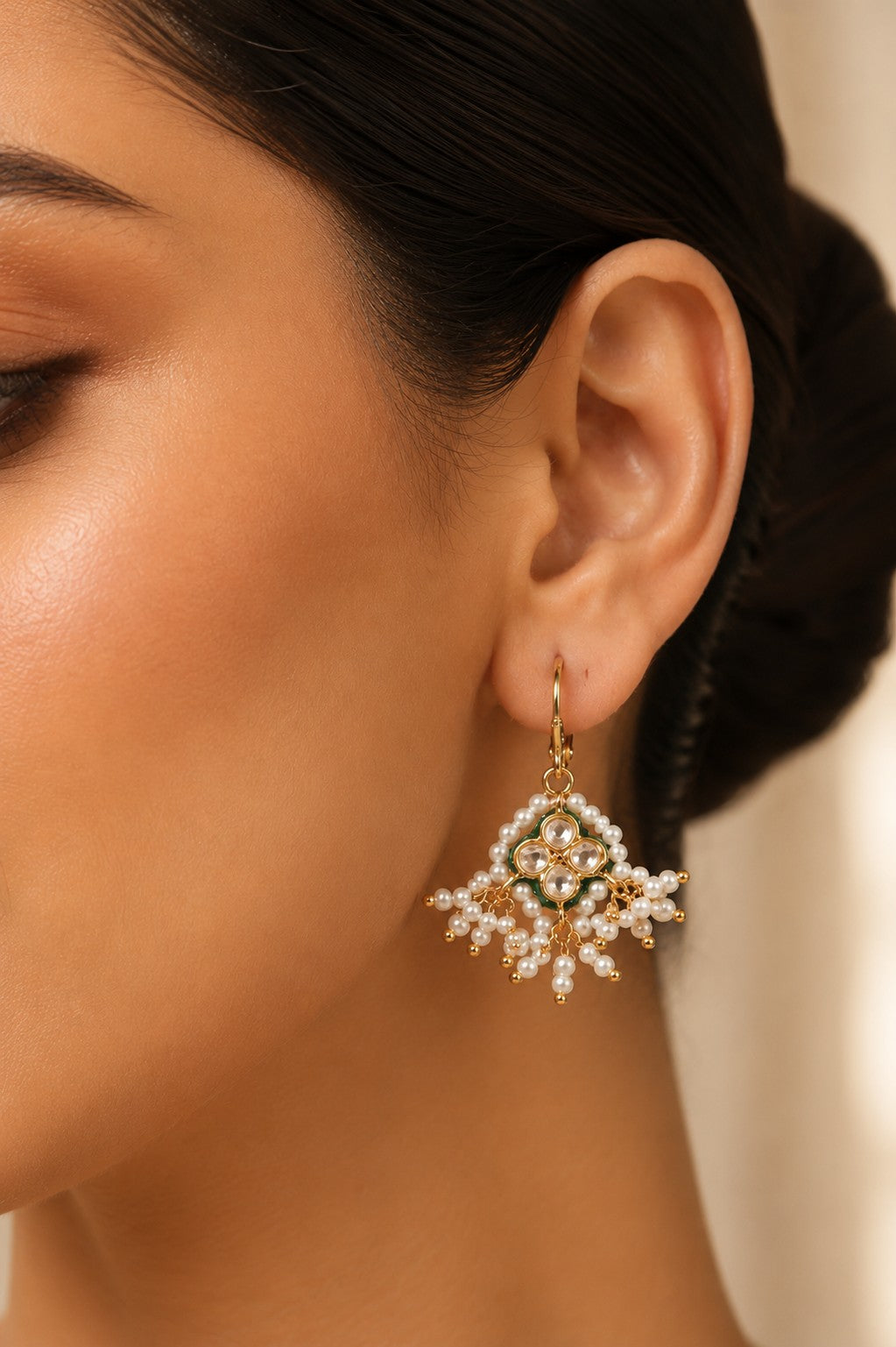 Gold & Green Meenakari Pearls Kundan Earrings