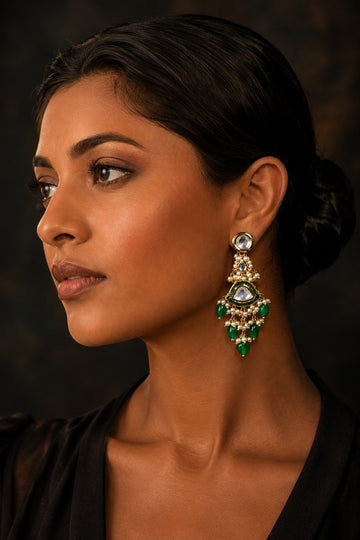 Green Stone & Kundan Earrings