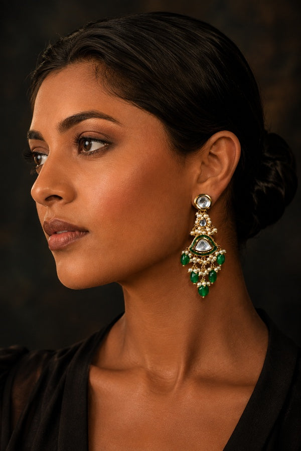 Green Stone & Kundan Earrings