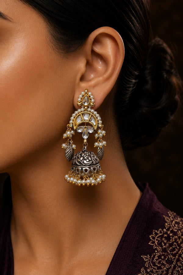 Gold and Silver Leaf Jhumki Earrings