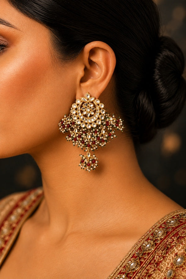 Red & Green Kundan Pearls Chandbali Earrings