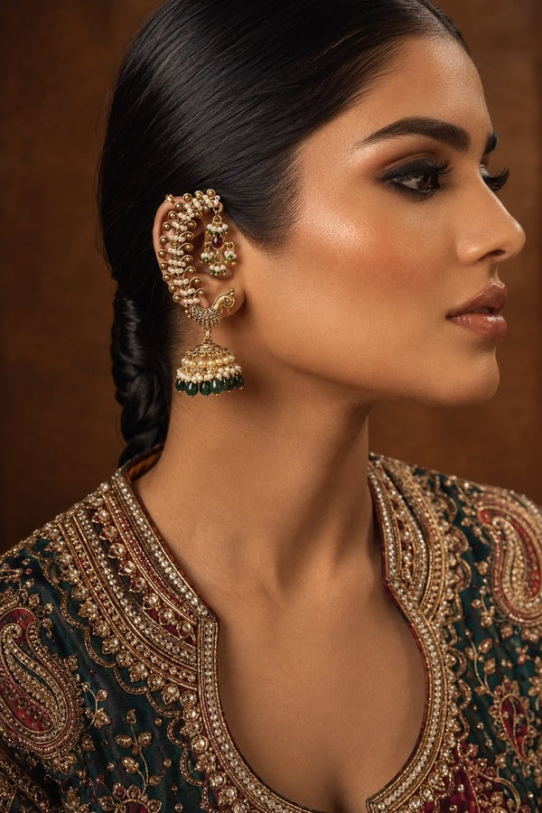 Peacock Jhumki Earcuff Earrings With Green Drops