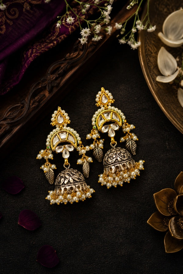 Gold and Silver Leaf Jhumki Earrings