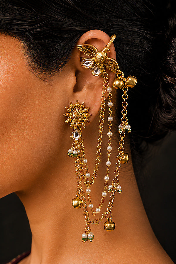 Antique Gold Bird Motif Chain Earcuff Earrings