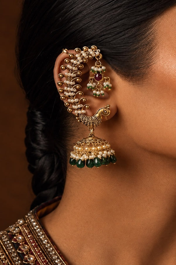 Peacock Jhumki Earcuff Earrings With Green Drops