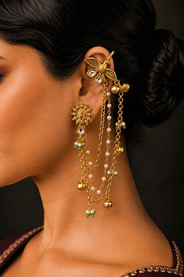Antique Gold Bird Motif Chain Earcuff Earrings