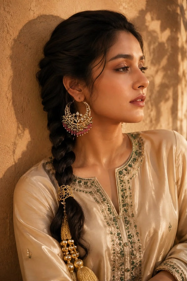 Gold Finish Tourmaline Drop Kundan Baali Earrings
