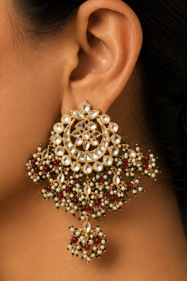 Red & Green Kundan Pearls Chandbali Earrings