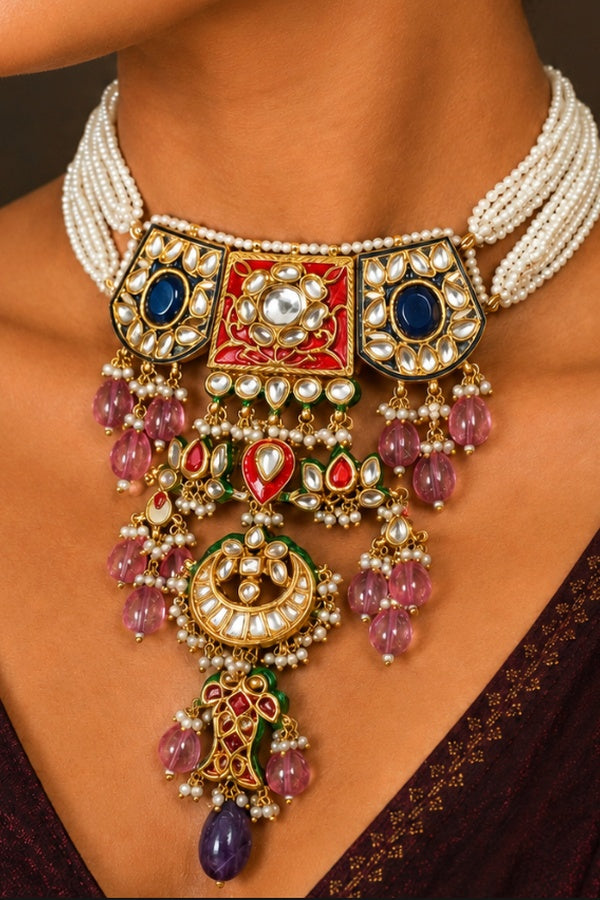 Blue Meenakari with Pearl Strings Kundan Necklace
