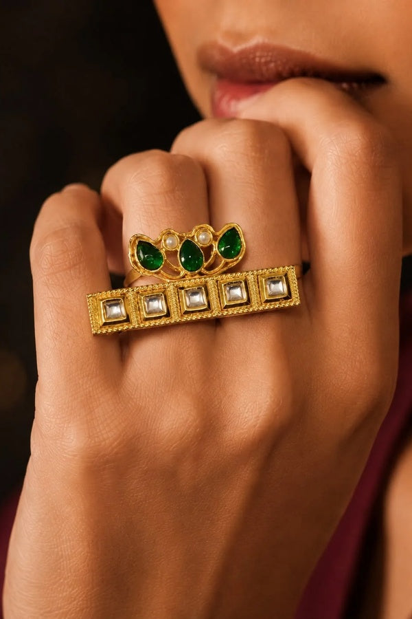 Gold & White Green Petal Pearls Ring