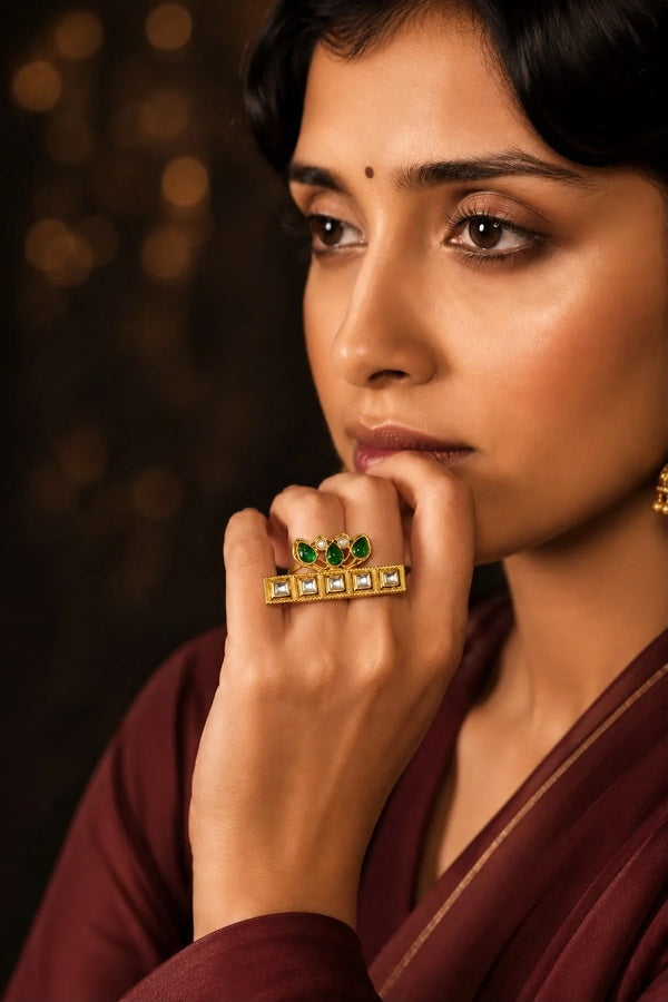 Gold & White Green Petal Pearls Ring