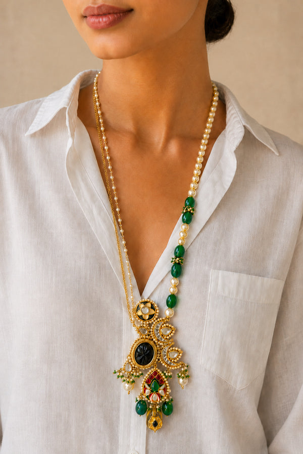 Red Meenakari With Pearls Asymetric Kundan Necklace