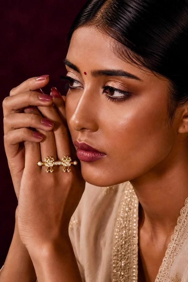 Gold & White Pearls Kundan Ring
