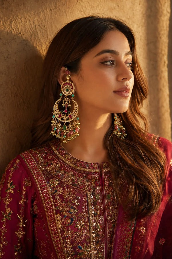 Gold Finish White & Red Kundan Chandbali Earriings With Tourmaline Drops & Pearls